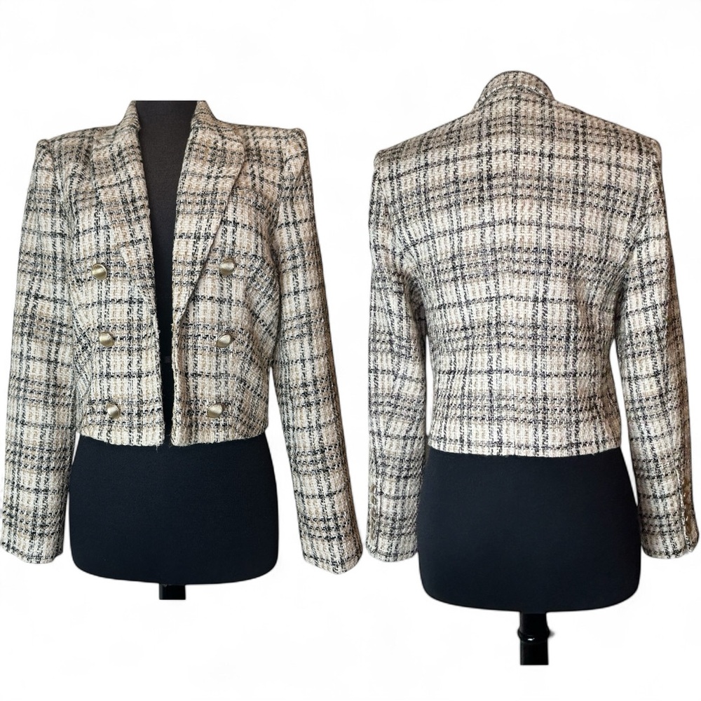 Elie Tahari Tweed Wool Formal Blazer Jacket Size 10 Gold, Black, White & Gray